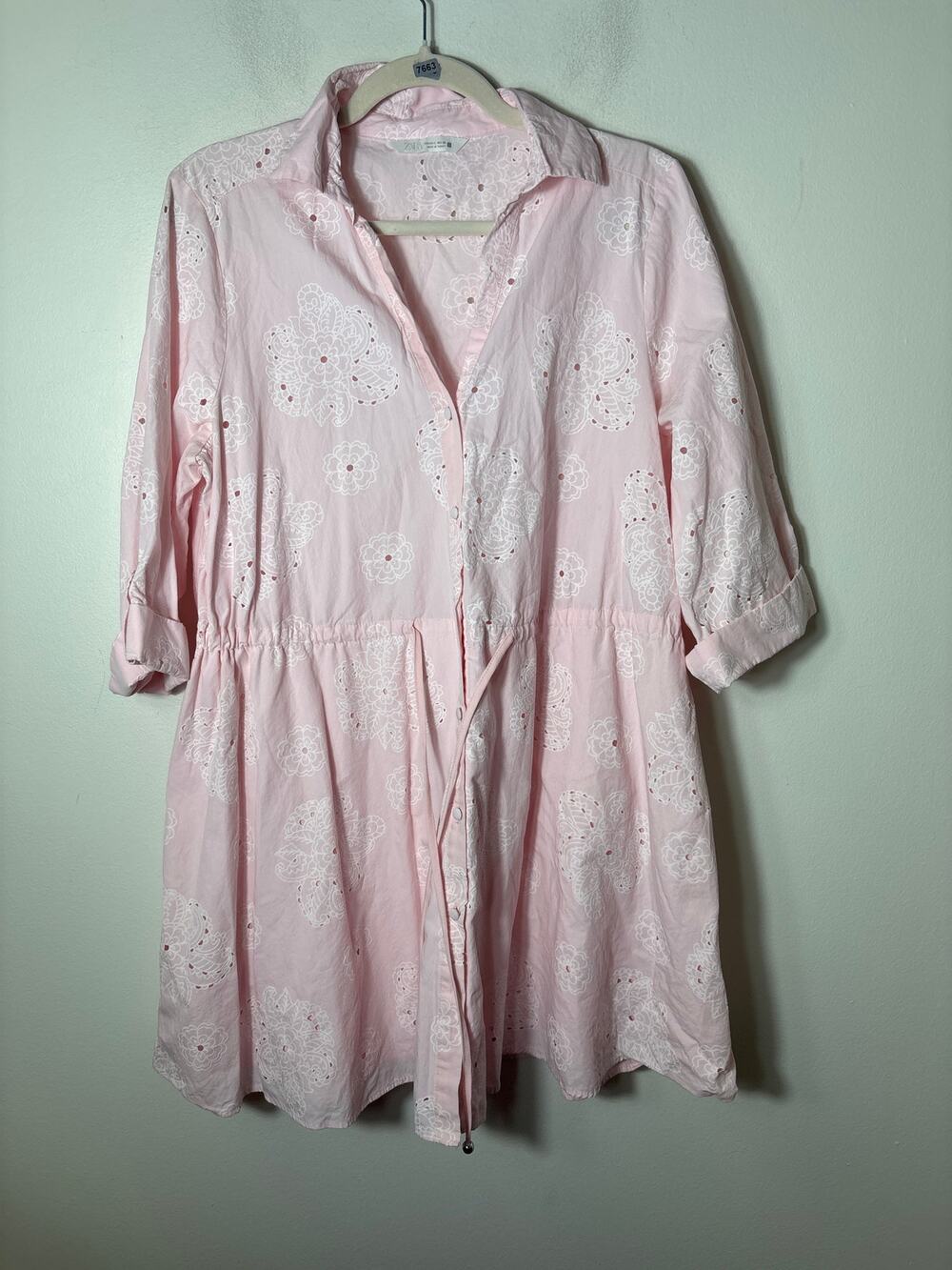 Zara Pink and White Floral Laser Cut Cotton Dress Sz L